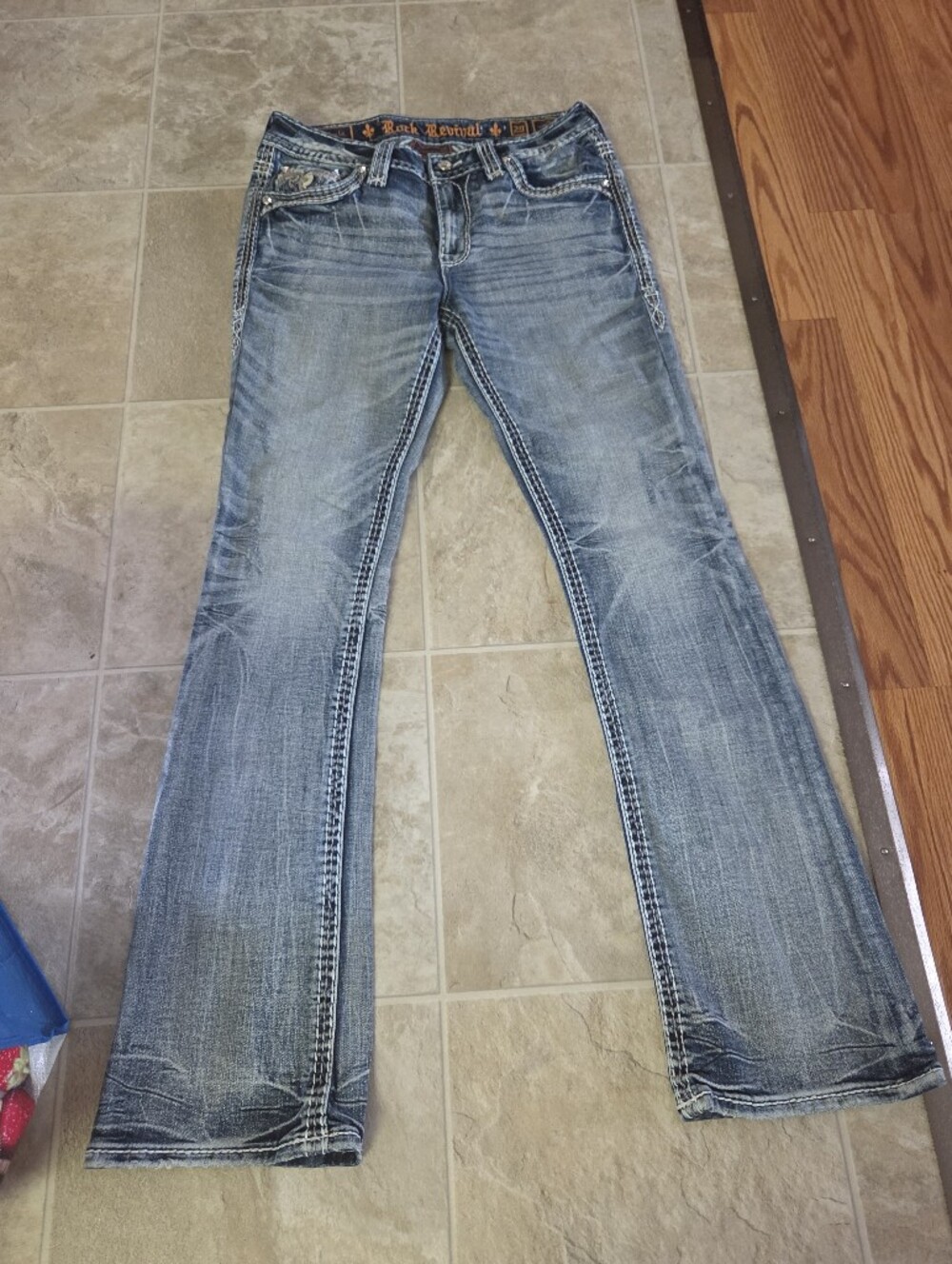 Rock Revival Light Blue Mid-rise Boot Cut Flare Jeans with Contrast Stitching